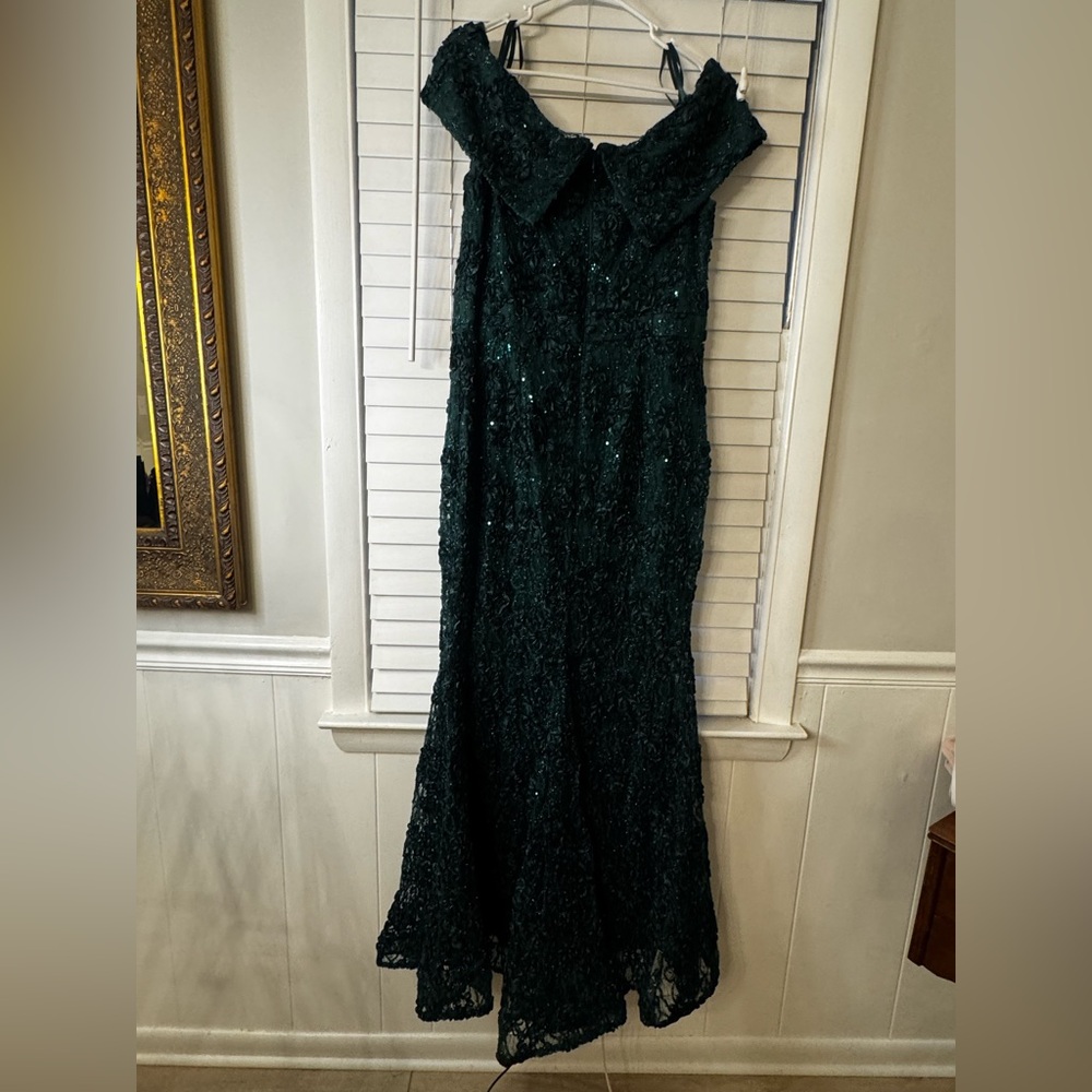 Xscape Dark Green Off-Shoulder Sequin Lace Maxi Dress - Picture 4 of 10